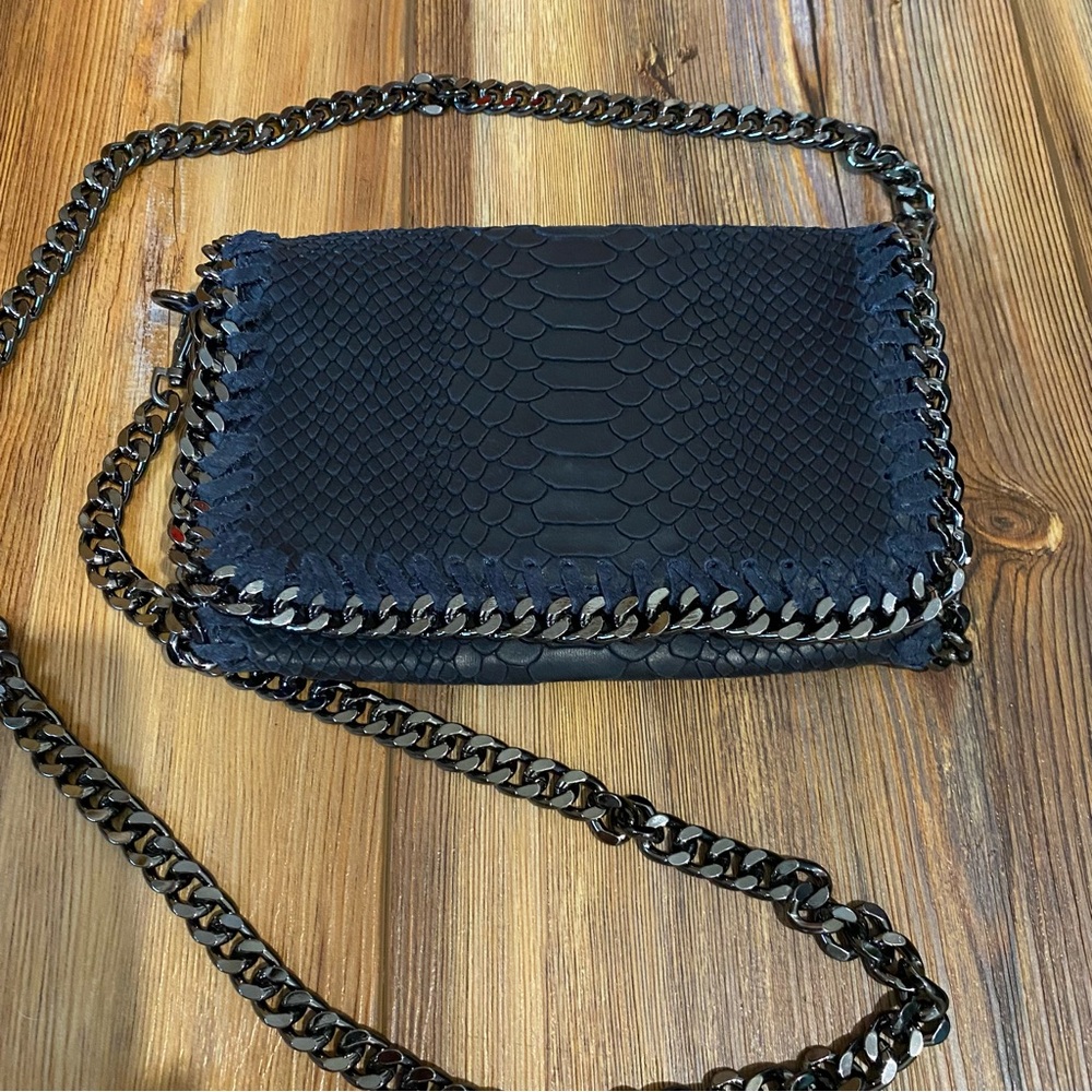 Genuine Leather Gunmetal Chain Strap Crossbody Clutch Purse